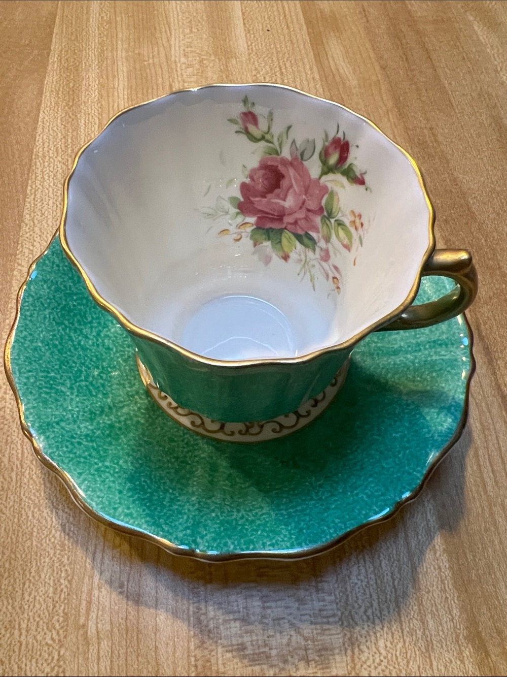#3100**Vintage Green Porcelain Teacup and Saucer with Pink Rose